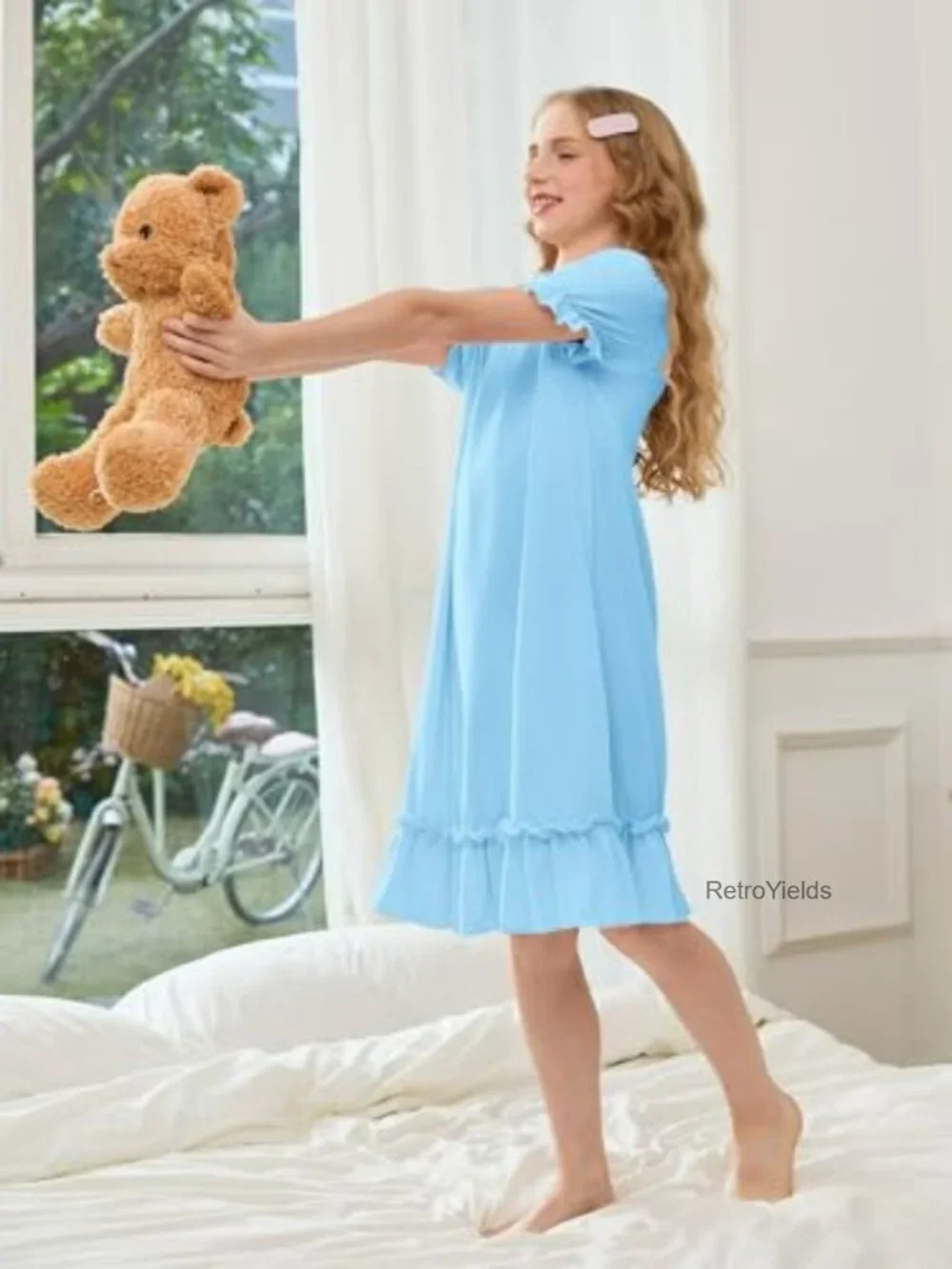 Girls Puff Short Sleeve Ruffle Collar Nightgown Soft Sleepwear 61% Polyester